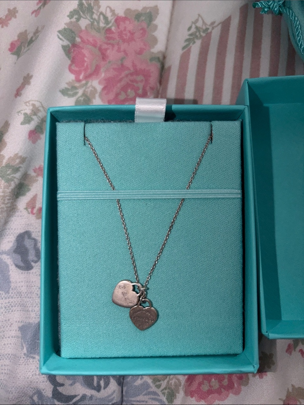 Tiffany & Co. Pink and Silver Double Heart Necklace - Picture 3 of 5